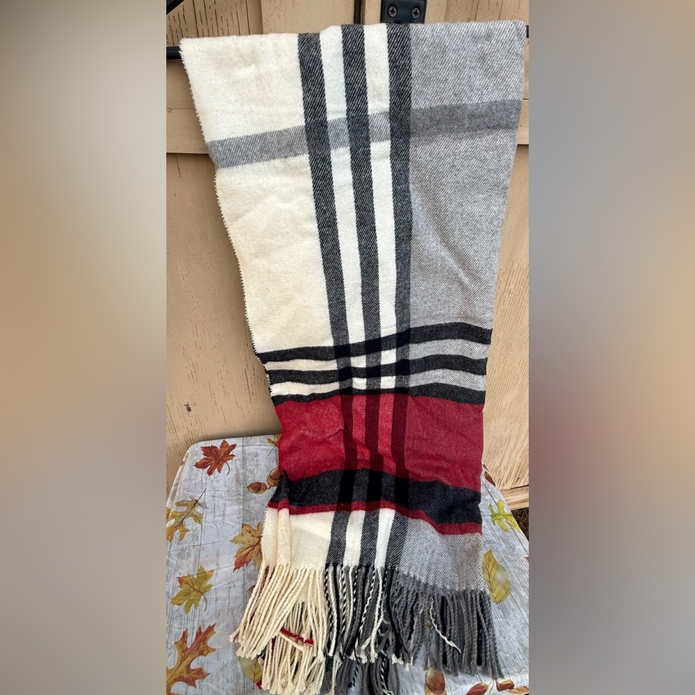 Plaid Fringe Scarf in Red, Gray, and Black